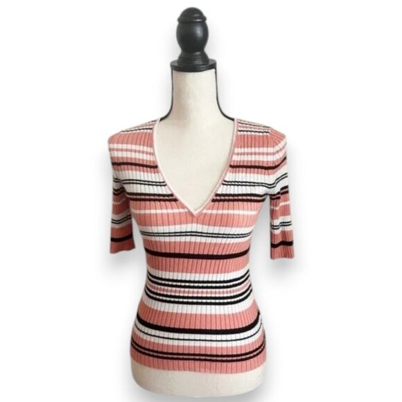 Express V-Neck Sweater with Orange Cream and Black Stripes - Picture 1 of 12